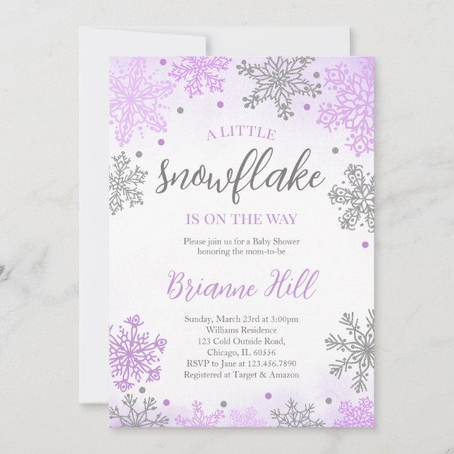 Purple A Little Snowflake Baby Shower Invitation (Front)