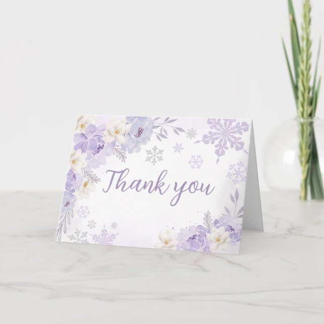 Purple A Little Snowflake Baby Shower  Thank You Card (Front)