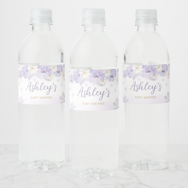 Purple A Little Snowflake Baby Shower  Water Bottle Label (Bottles)