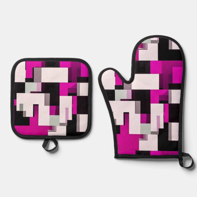 Purple abstract blocks oven mitt & pot holder set (Front)