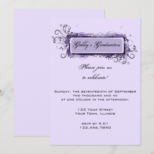Purple Abstract Floral Graduation Party Invitation (Front/Back)