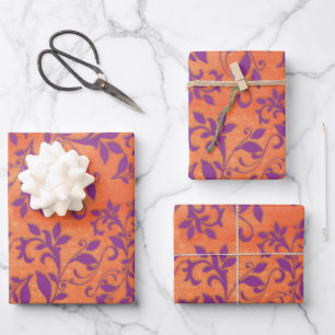 Purple Abstract Floral on Orange Stains Wrapping Paper Sheet