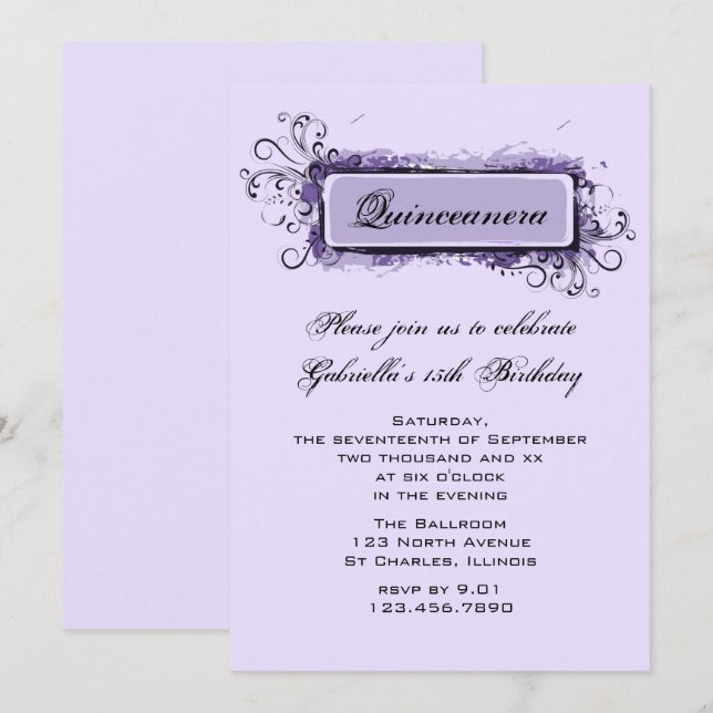 Purple Abstract Floral Quinceanera Birthday Party Invitation (Front/Back)