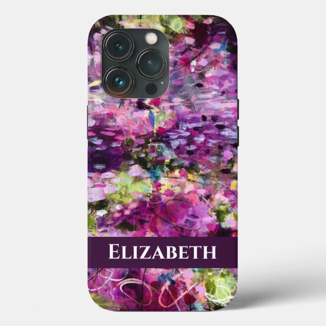 Purple Abstract Floral w/ Name iPhone Case (Back)