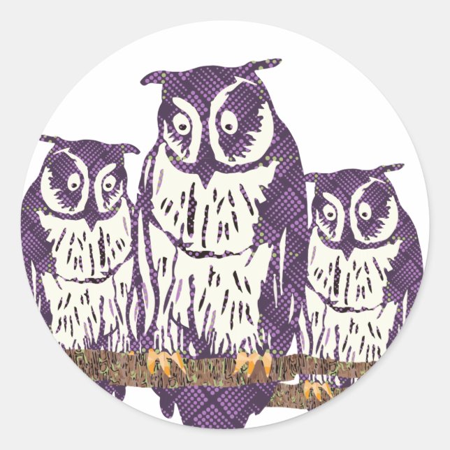 Purple Abstract Geometric Owl Family Classic Round Sticker (Front)