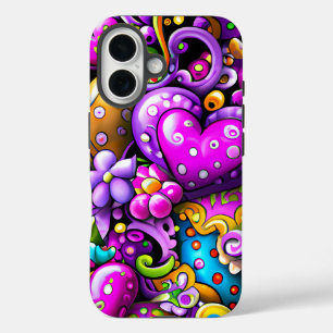 Purple Abstract Hearts and Flowers iPhone 16 Case