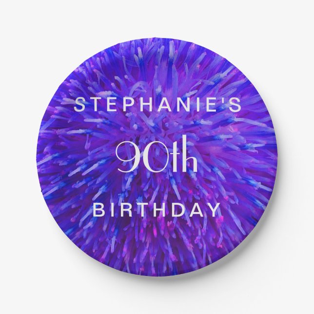 Purple Abstract Paper Plates, 90th Birthday Party Paper Plate (Front)