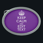 Purple Accent Keep Calm And Your Text Easily Oval Belt Buckle<br><div class="desc">Your personalised Keep Calm saying on a fine custom deep purple accent colour style decor. A personalised Keep Calm style saying on a one of a kind gift. Humourous or whimsical try on your creative words on two editable lines of text. Remember to use CAPITAL letters for best results. Use...</div>