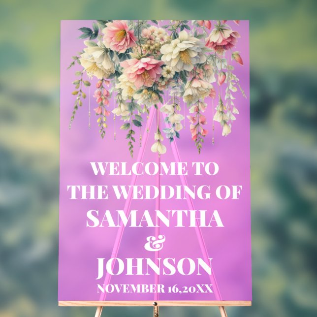 Purple Acrylic Floral Wedding Welcome Sign (Neutral)