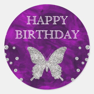 Purple Acrylic & Silver Glitter Butterfly Birthday Classic Round Sticker