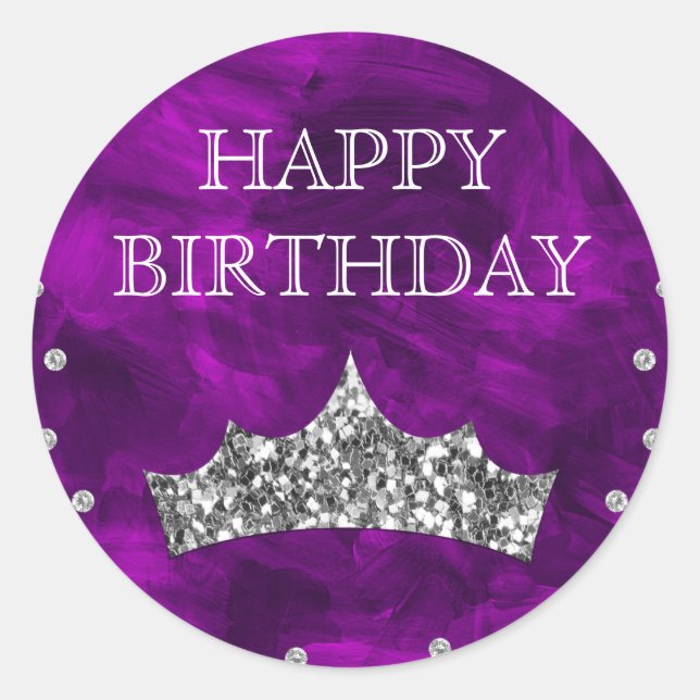 Purple Acrylic & Silver Glitter Crown Birthday Classic Round Sticker (Front)