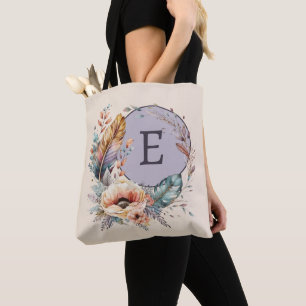 Purple add initial floral tote bag