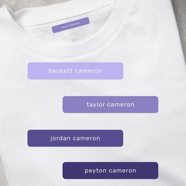 Purple Adhesive Waterproof Name (1.75" x .3125" clothing labels iron-on or adhesive, 2 sheets of 48 labels, USE 1 OR up to 4 NAMES)