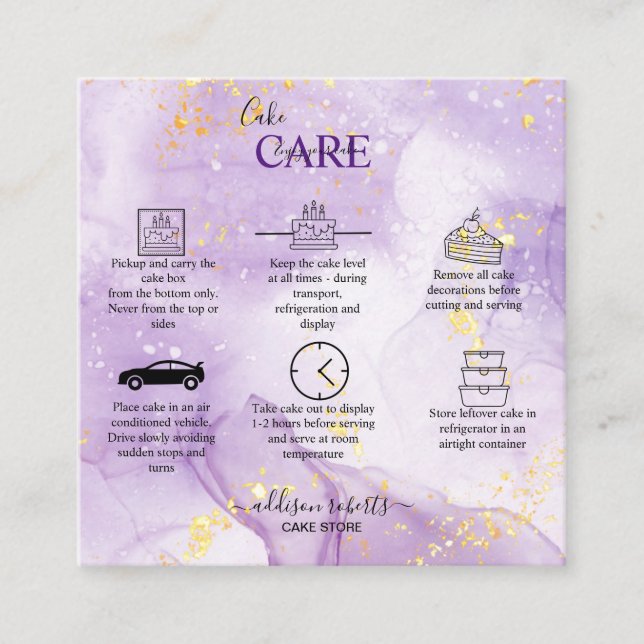 Purple Aesthetic Cake Care Square Business Card (Front)