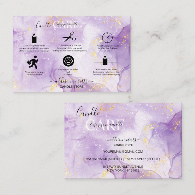 Purple Aesthetic Candle Care Square Business Card (Front/Back)