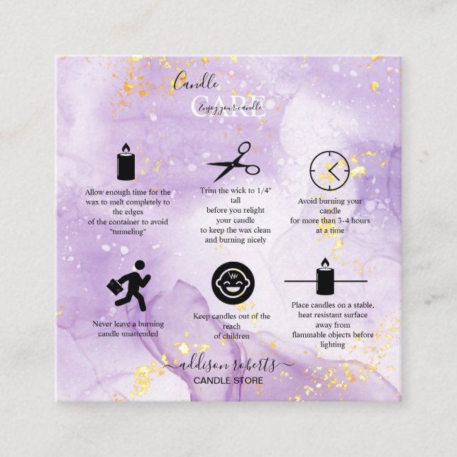 Purple Aesthetic Candle Care Square Business Card (Front)