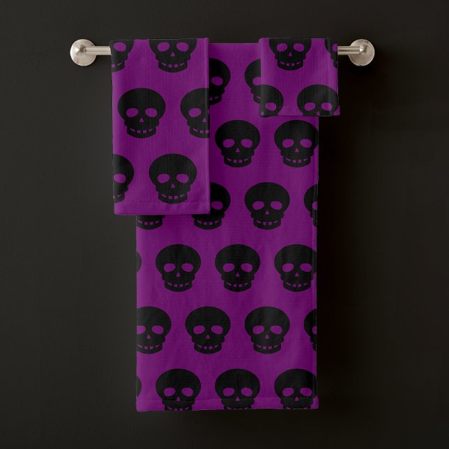 Purple Aesthetic Goth Black Skull Pattern Bath Towel Set (Creator Uploaded)