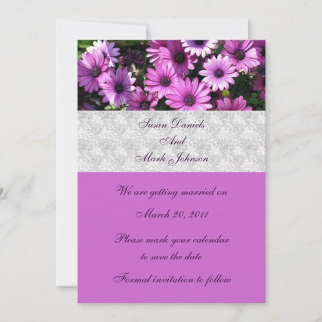Purple African Daisy Flowers Wedding Save The Date Invitation (Front)