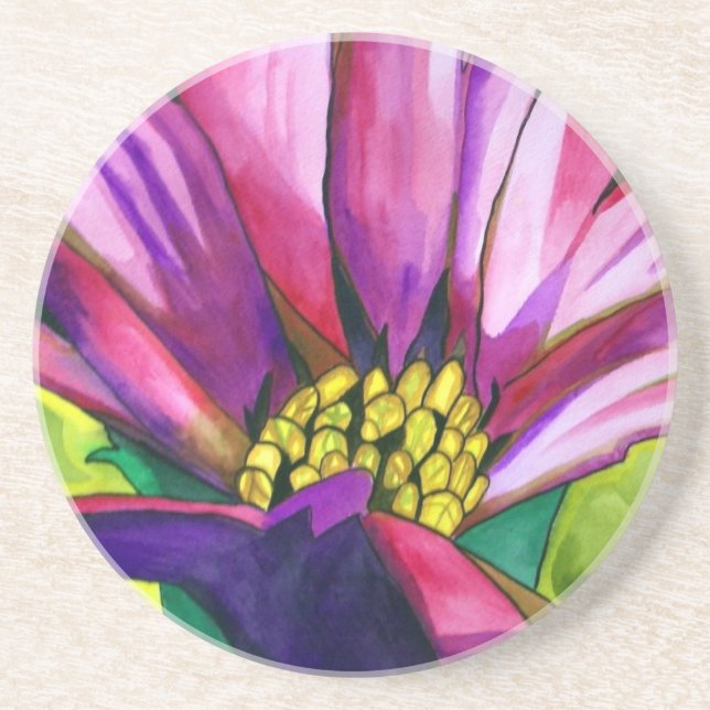 Purple African Daisy watercolor art flower Coaster (Front)