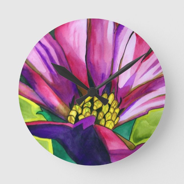 Purple African Daisy watercolor art flower Round Clock (Front)