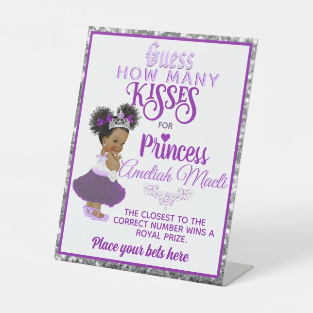 Purple Afro Puff Princess | How Many Kisses Game Pedestal Sign (Front)