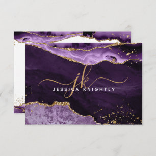 Purple Agate Geode Gold Glitter Script Monogram Card