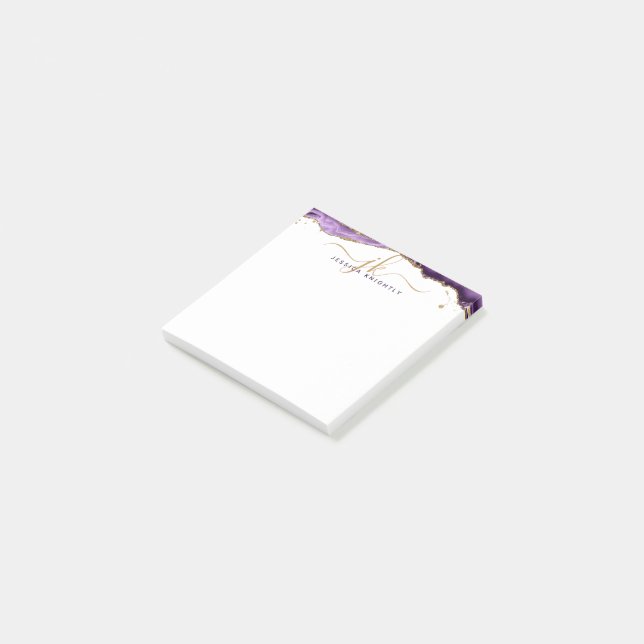 Purple Agate Geode Gold Glitter Script Monogram Post-it Notes (Angled)