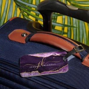 Purple Agate Geode Gold Monogram Script Luggage Tag
