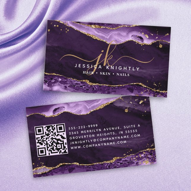 Purple Agate Geode Monogram Gold Script Business Card (Creator Uploaded)
