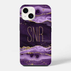 Purple Agate Geode Monogram Name Gold Glitter iPhone 14 Case