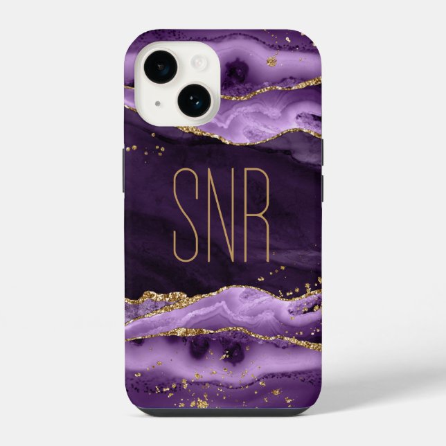 Purple Agate Geode Monogram Name Gold Glitter iPhone Case (Back)