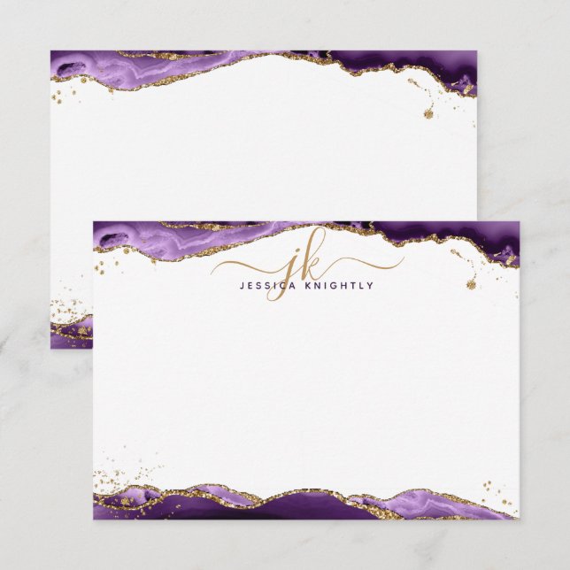 Purple Agate Geode Script Monogram Gold Glitter Card (Front/Back)