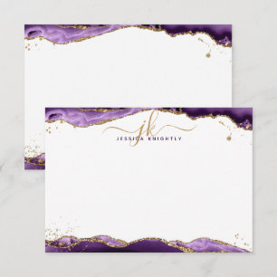 Purple Agate Geode Script Monogram Gold Glitter Card