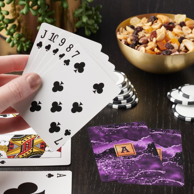 Purple agate glitter pink marble name gold playing cards (In Situ)
