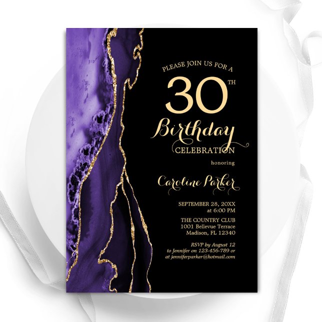 Purple Agate Gold Black 30th Birthday Invitation (Creator Uploaded)