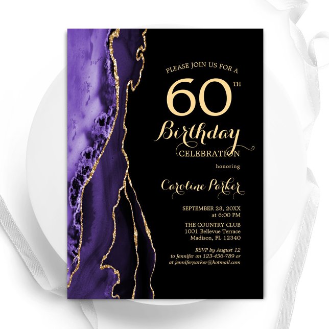 Purple Agate Gold Black 60th Birthday Invitation (Creator Uploaded)
