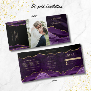 Purple Agate Gold Glitter Geode Photo Wedding Tri-Fold Invitation