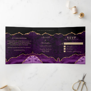 Purple Agate Gold Glitter Geode Photo Wedding Tri-Fold Invitation