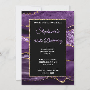 Purple Agate Gold Glitter Glam 50th Birthday Invitation