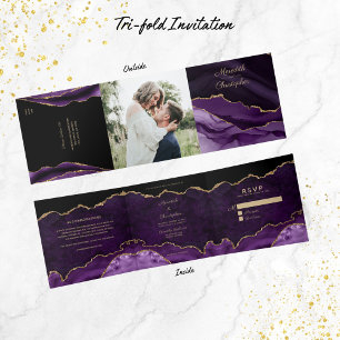Purple Agate Gold Glitter Photo Wedding Square Tri-Fold Invitation