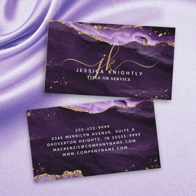 Purple Agate Gold Glitter Script Monogram Business Card (Creator Uploaded)