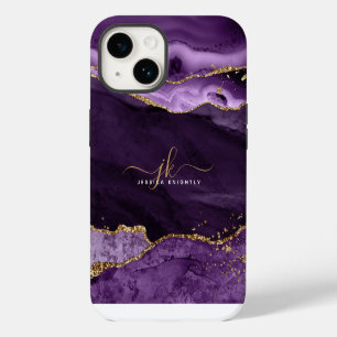 Purple Agate Gold Glitter Script Monogram Name iPhone 14 Case