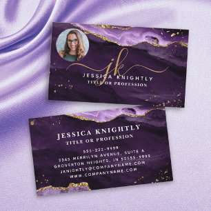 Purple Agate Gold Glitter Script Monogram Photo Business Card