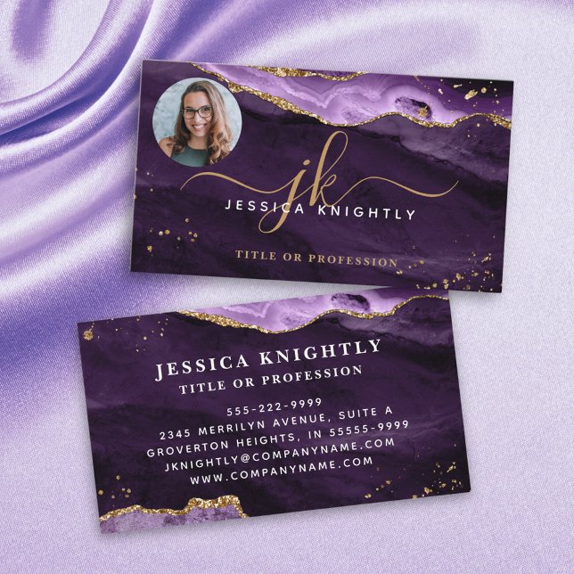 Purple Agate Gold Glitter Script Monogram Photo Business Card (Creator Uploaded)