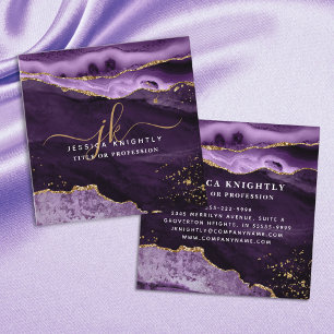 Purple Agate Gold Glitter Script Monogram Square Business Card