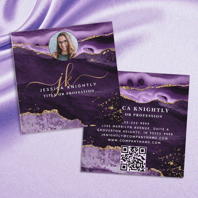 Purple Agate Gold Glitter Script Photo QR Square Business Card (Creator Uploaded)