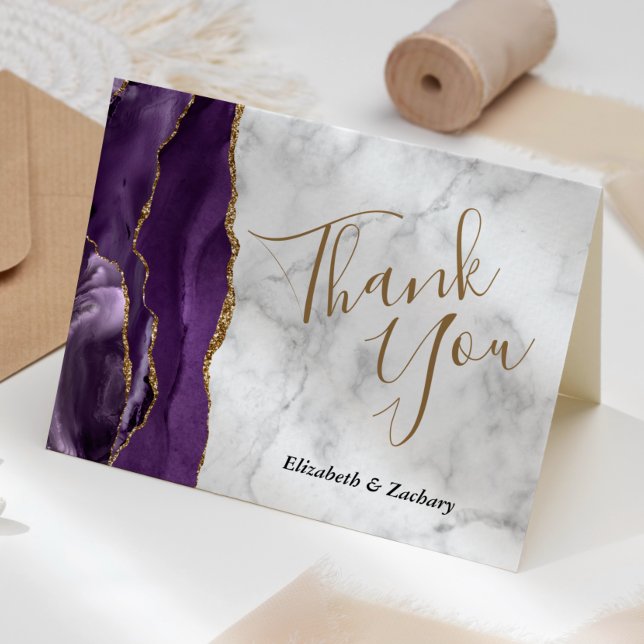 Purple Agate Gold Grey Marble Wedding Thank You Card (Creator Uploaded)