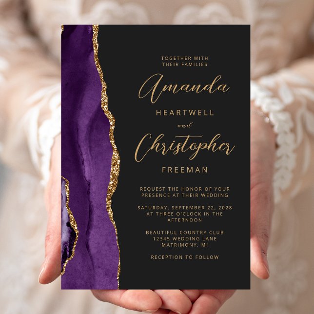Purple Agate Gold Modern Script Slate Wedding Invitation (Creator Uploaded)