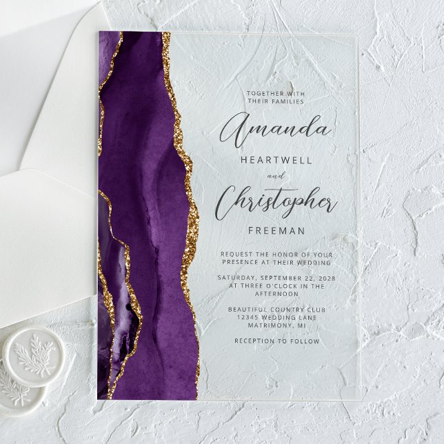 Purple Agate Gold Modern Script Wedding Acrylic Invitations (Creator Uploaded)