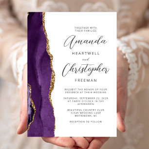 Purple Agate Gold Modern Script Wedding Invitation